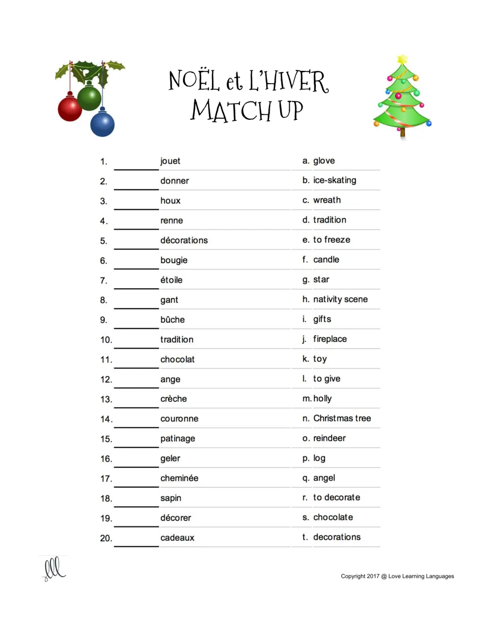 French Christmas and winter matching activity: 20 words, including jouet (toy), houx (holly), and gant (glove)
