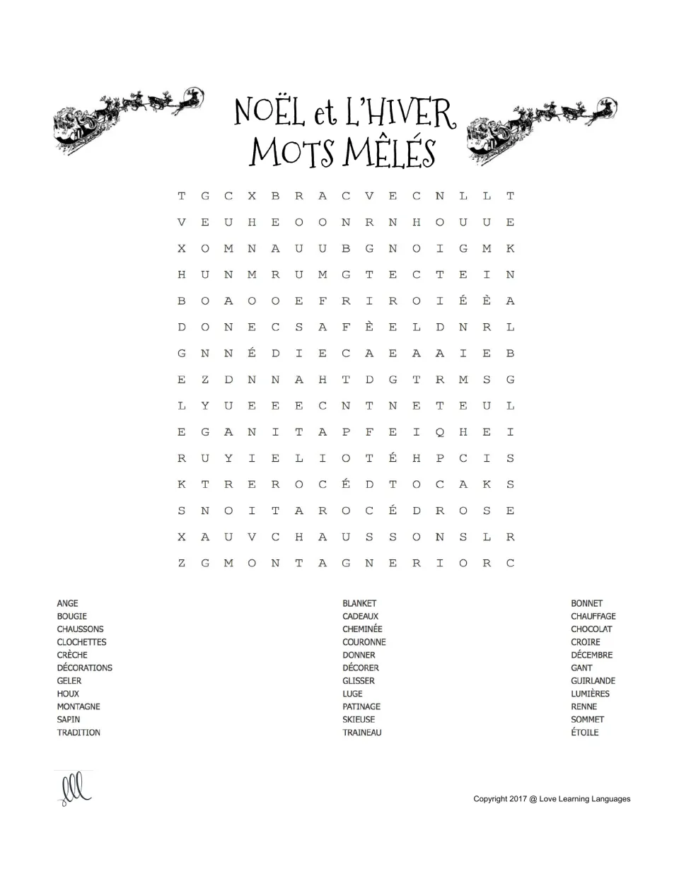 Christmas and winter word search: ange (angel), bougie (candle), chaussons (slippers) and 30 more terms.