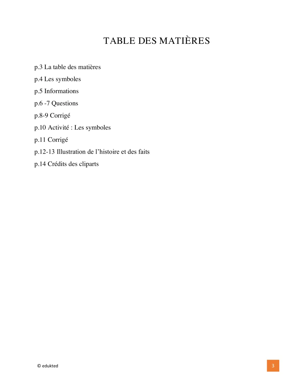 Booklet contents listing symbols, information, questions, answer keys, illustration activities, and credits