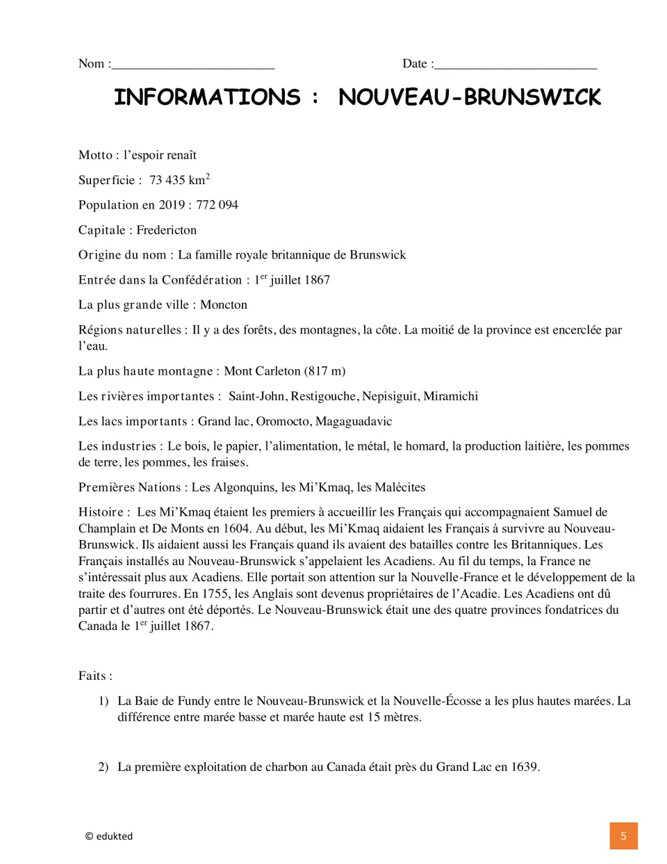 French information sheet on New Brunswick's geography, history, First Nations, industries, and population