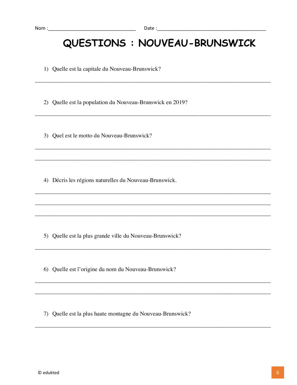 French questions 1–7 about New Brunswick's capital, population, motto, regions, largest city, name, and mountain