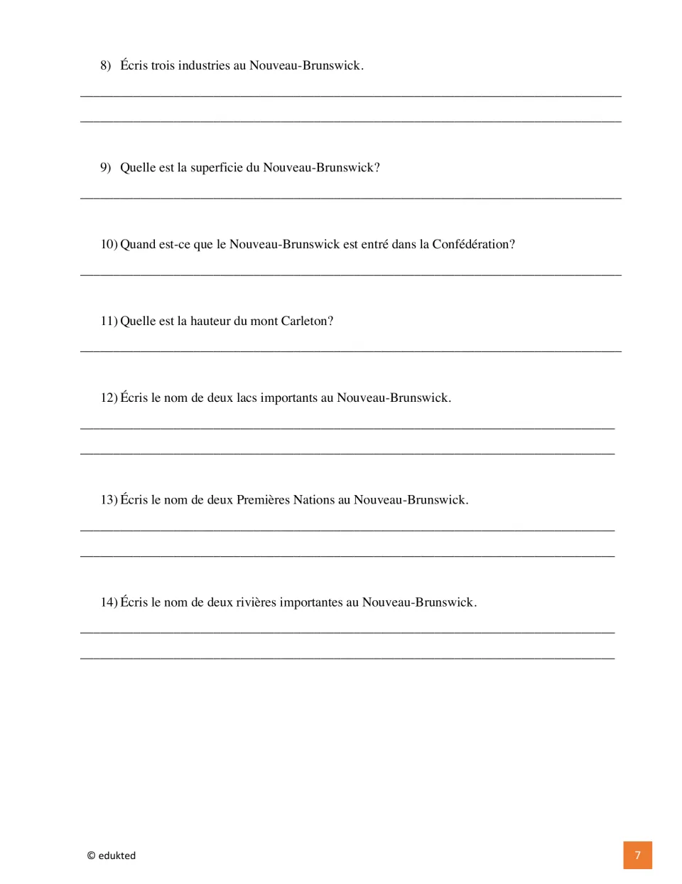 French questions 8–14 cover industries, area, Confederation, Mount Carleton's height, lakes, First Nations, and rivers