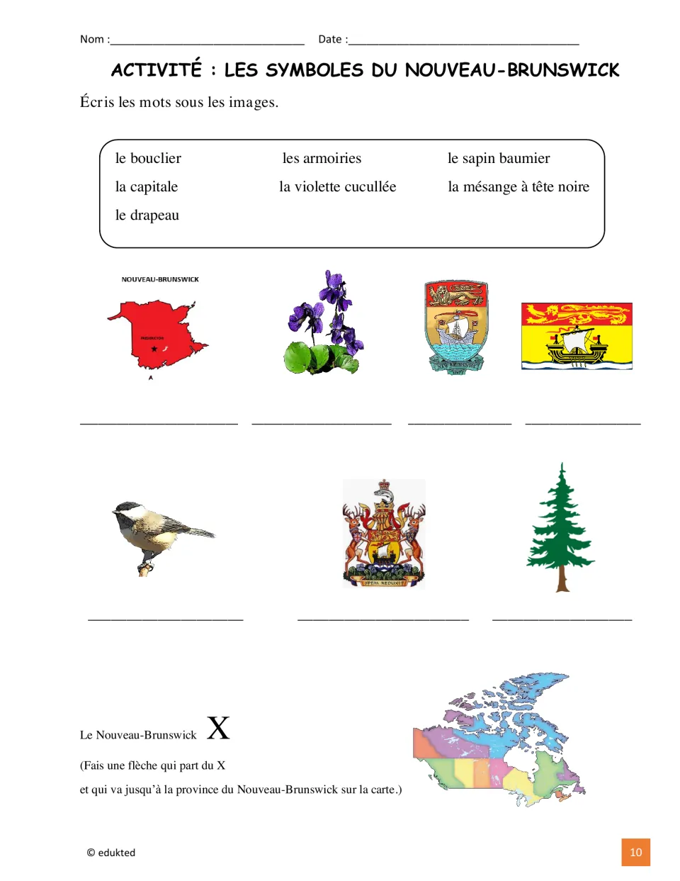 French symbol activity: label seven New Brunswick pictures using a word bank and locate the province on Canada's map