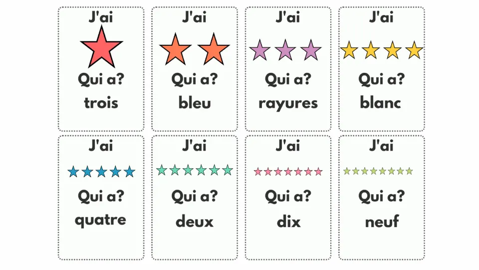 French number cards: each shows 1 to 8 stars under 'J'ai' and asks 'Qui a?' for a word like trois, bleu or rayures