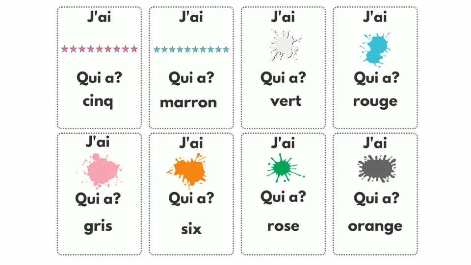 French color cards: 9 and 10 stars plus paint splats in white, blue, pink, orange, green and gray, each asking 'Qui a?'