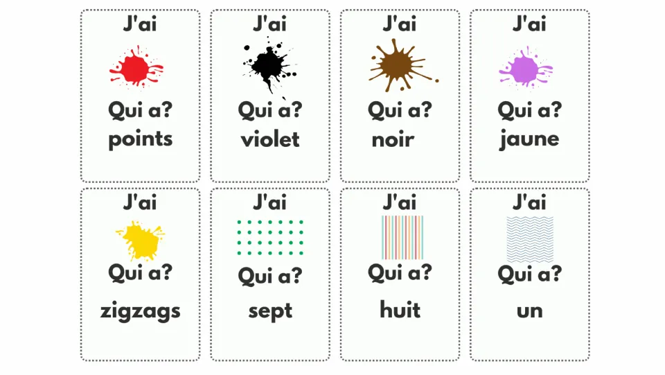 French color and pattern cards: red, black, brown, purple and yellow splats, then dots, stripes and zigzags to name