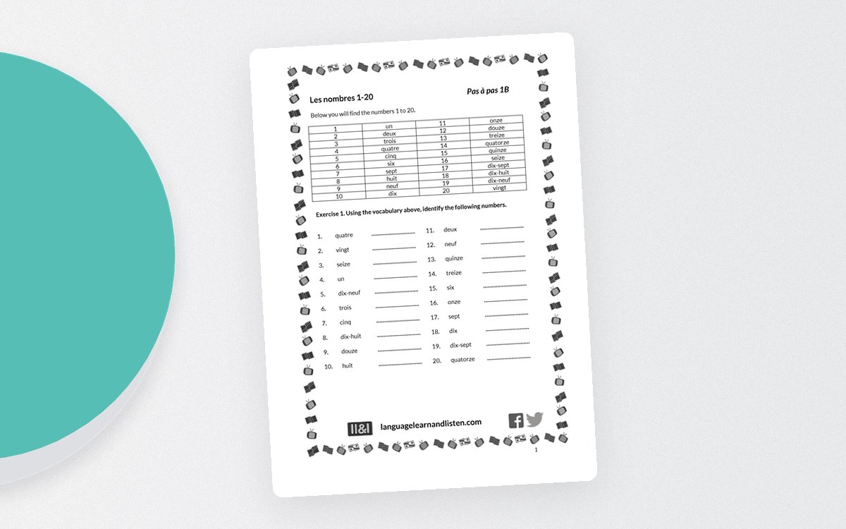 French - Numbers 1-20 preview: A vocabulary chart listing numbers 1-20 in French (un through vingt)