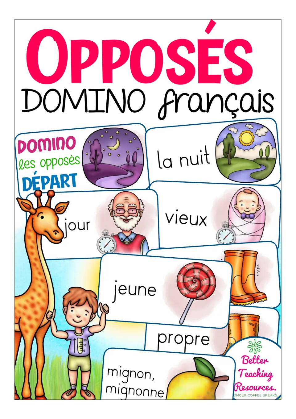 Opposés DOMINO français cover with domino cards pairing French opposites like la nuit, vieux, jeune and propre