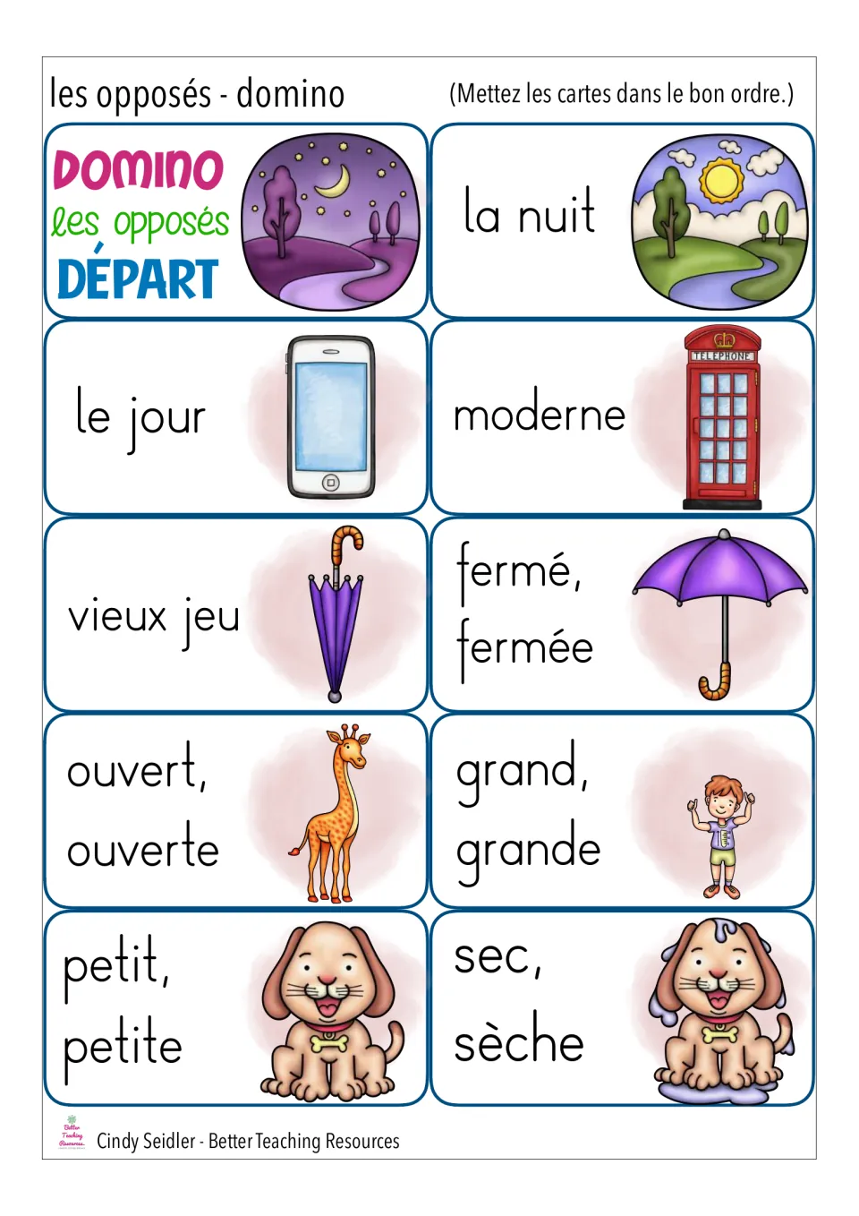 French opposites domino cut-out pieces starting at DÉPART: students match la nuit, le jour, moderne, ouvert and petit