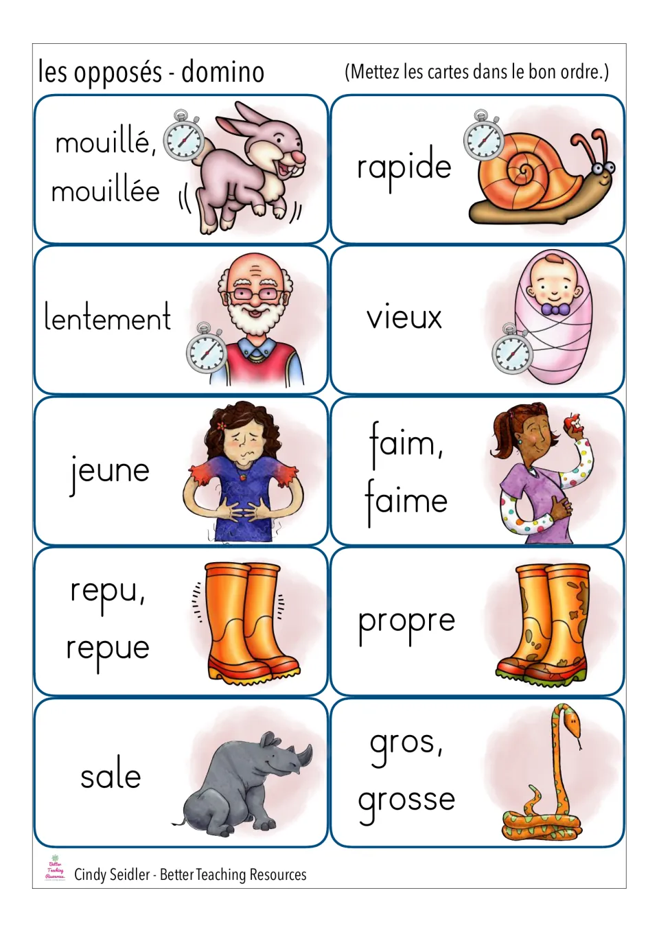 French opposites domino cut-out pieces: students chain cards such as rapide, lentement, vieux, jeune, propre and sale