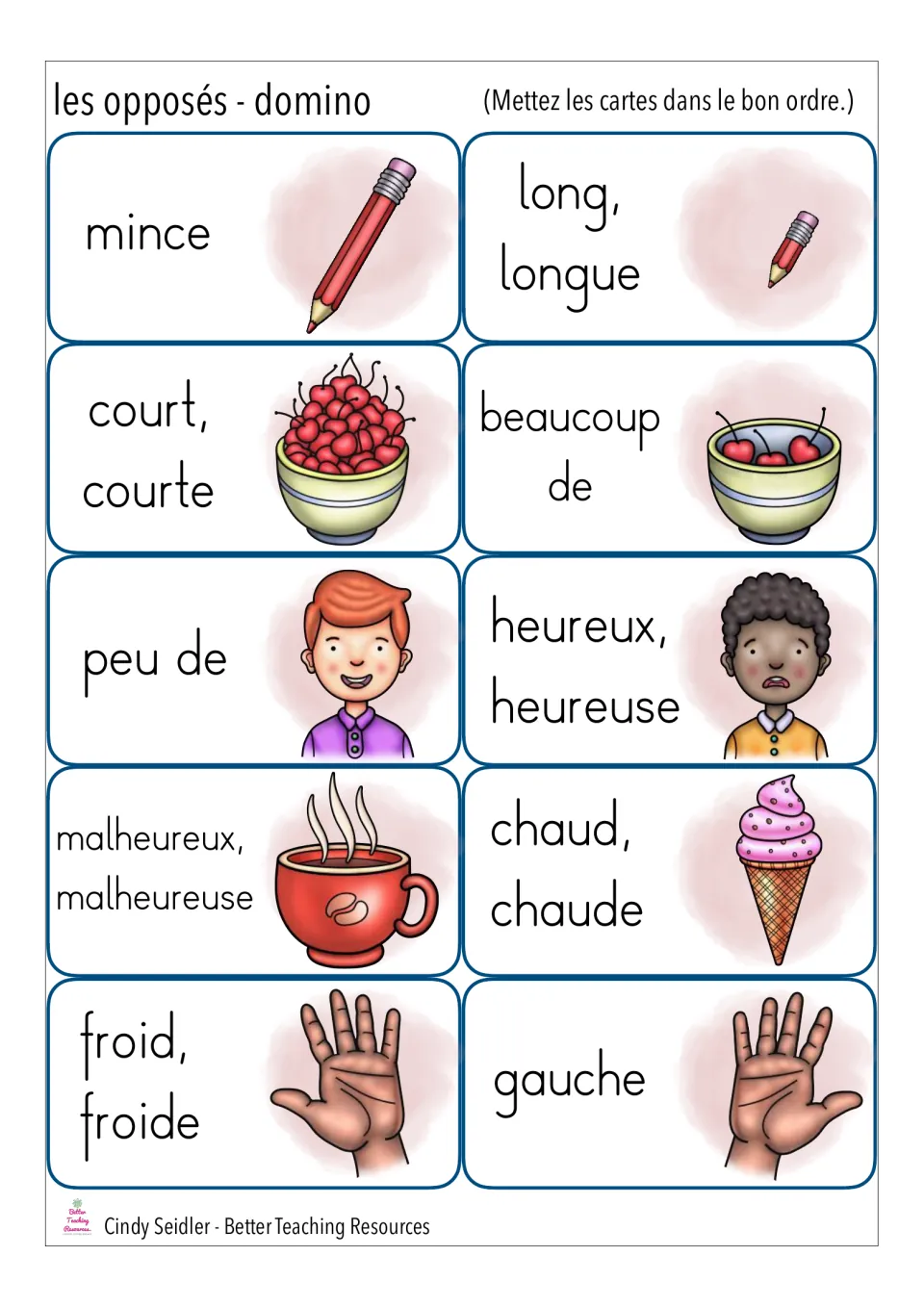 French opposites domino cut-out pieces pairing mince with long, court with beaucoup de, heureux, chaud and froid