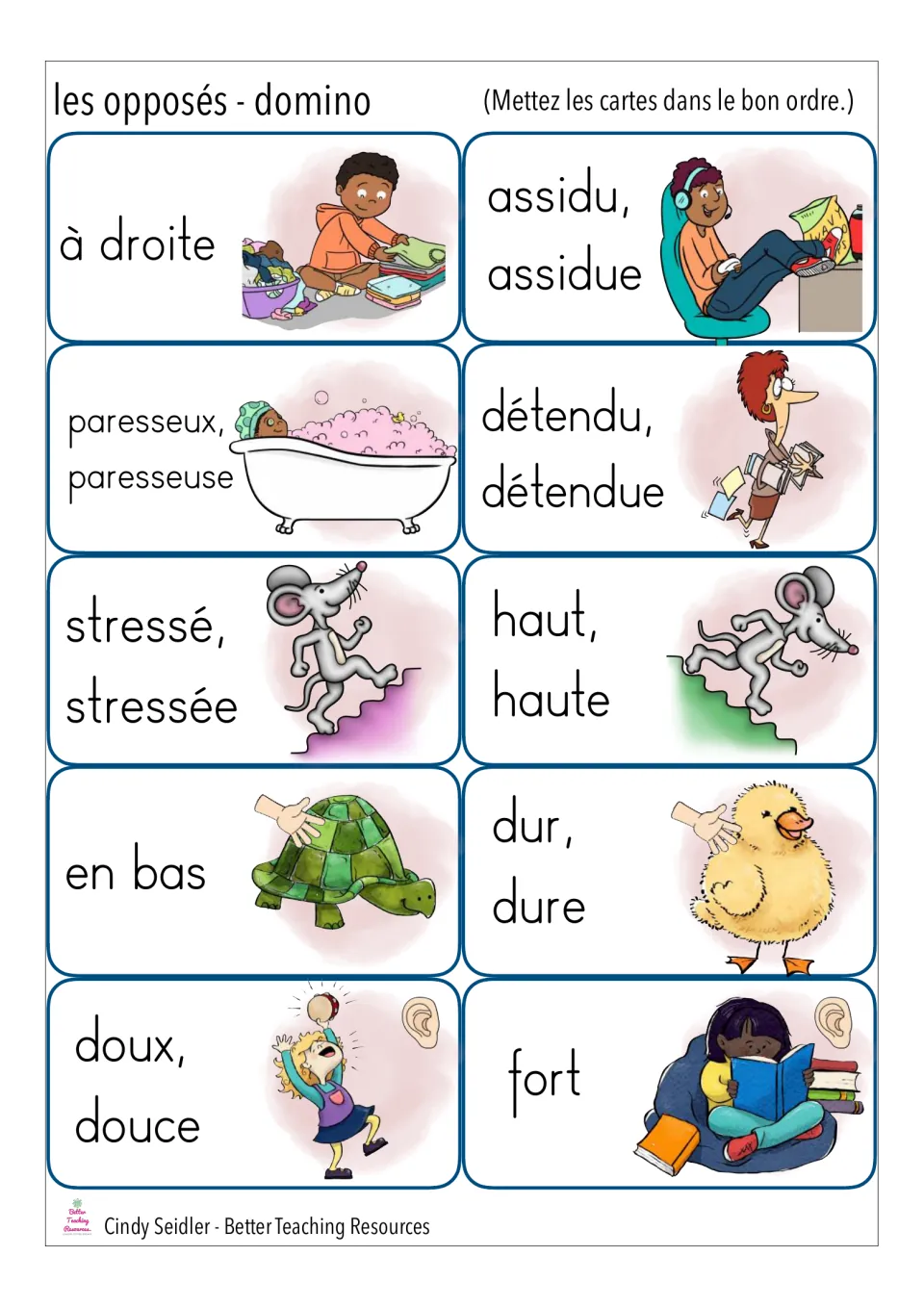 French opposites domino cut-out pieces with à droite, assidu, paresseux, détendu, stressé, haut, dur, doux and fort