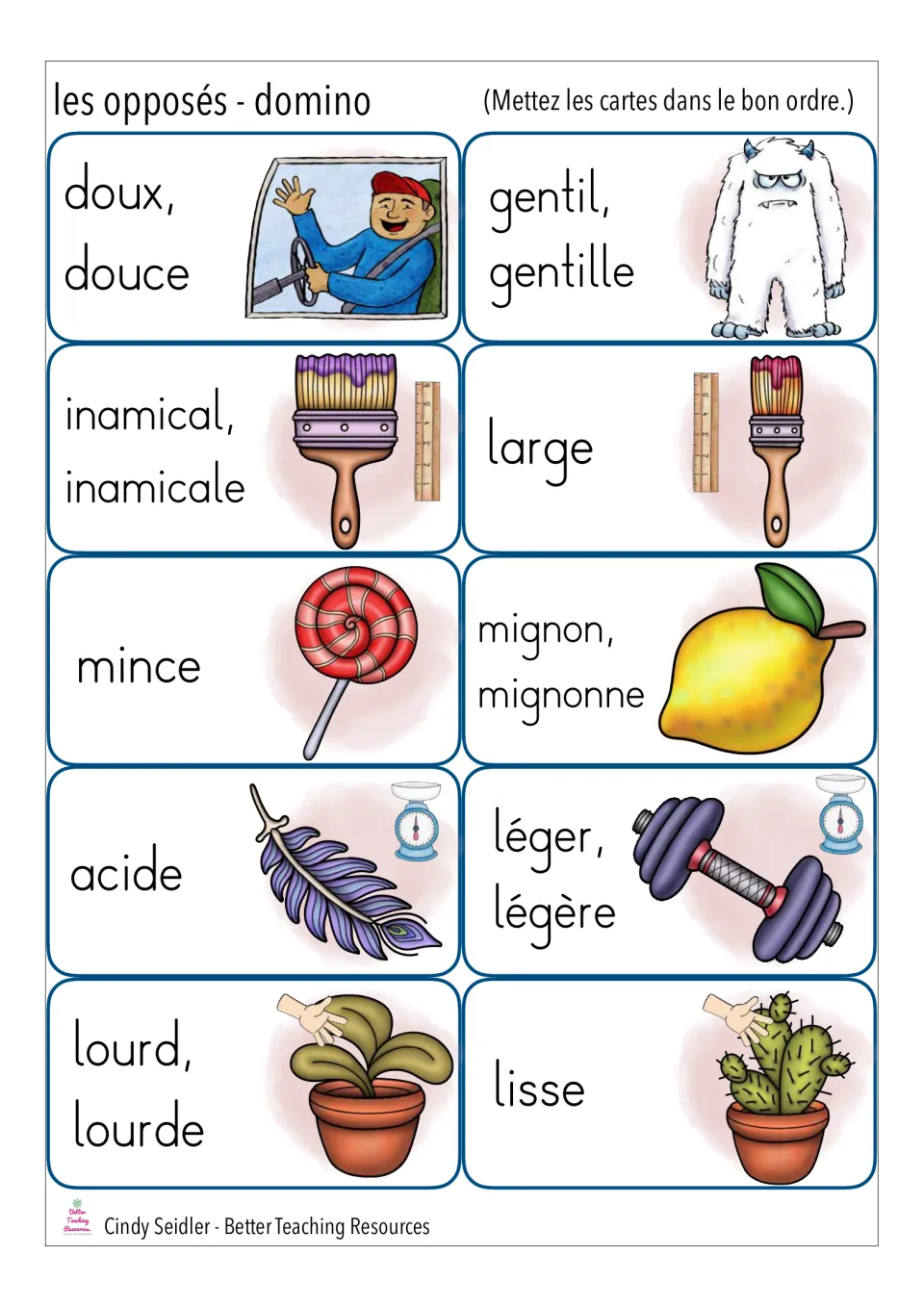 French opposites domino cut-out pieces matching doux, gentil, inamical, large, mince, léger, lourd, acide and lisse