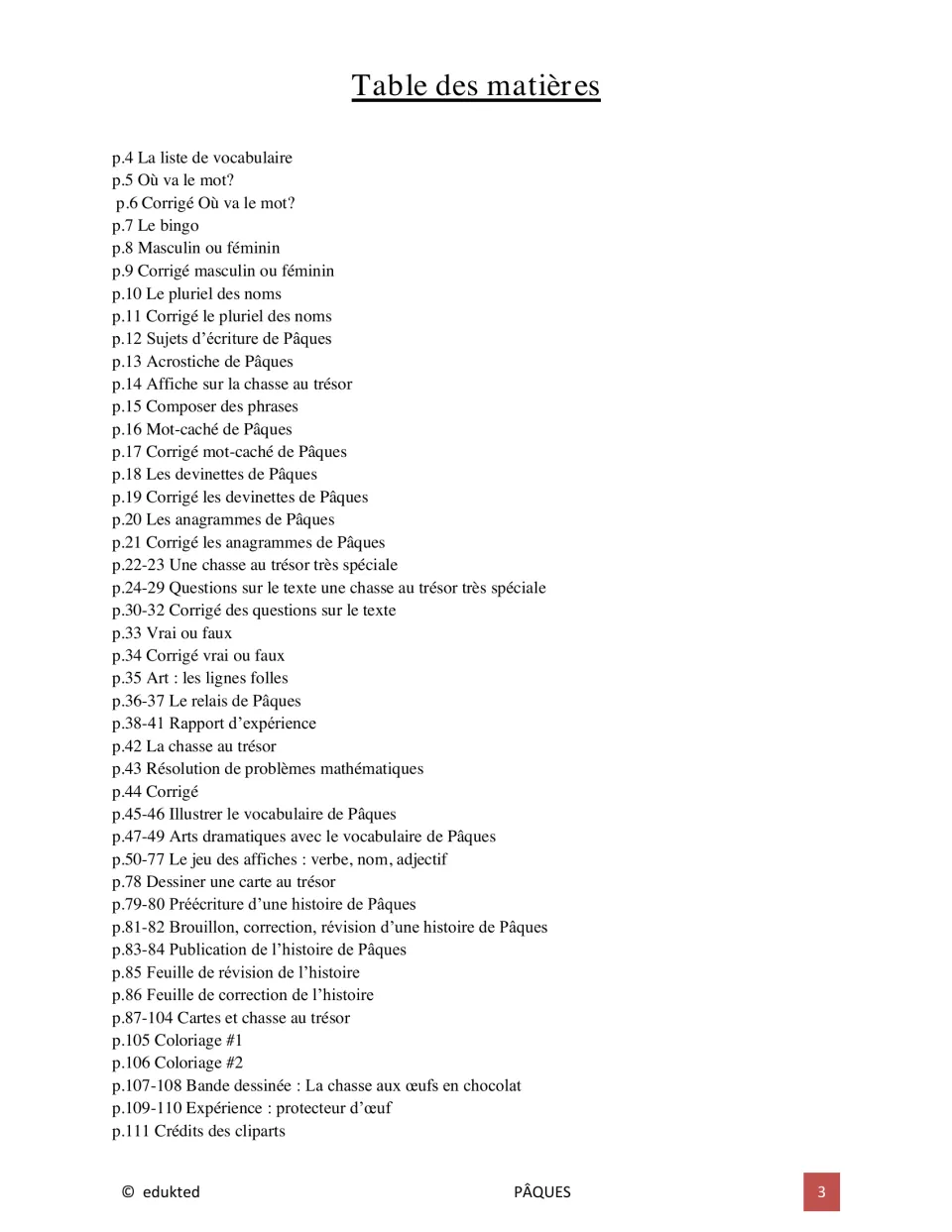 Table of contents for the French Easter packet, listing vocabulary, games, reading, writing, and answer keys