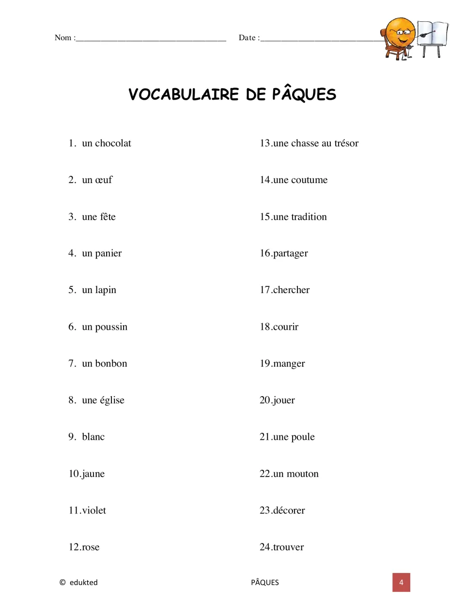 French Easter vocabulary list of 24 words, including un œuf (an egg), un panier (a basket), and partager (to share)