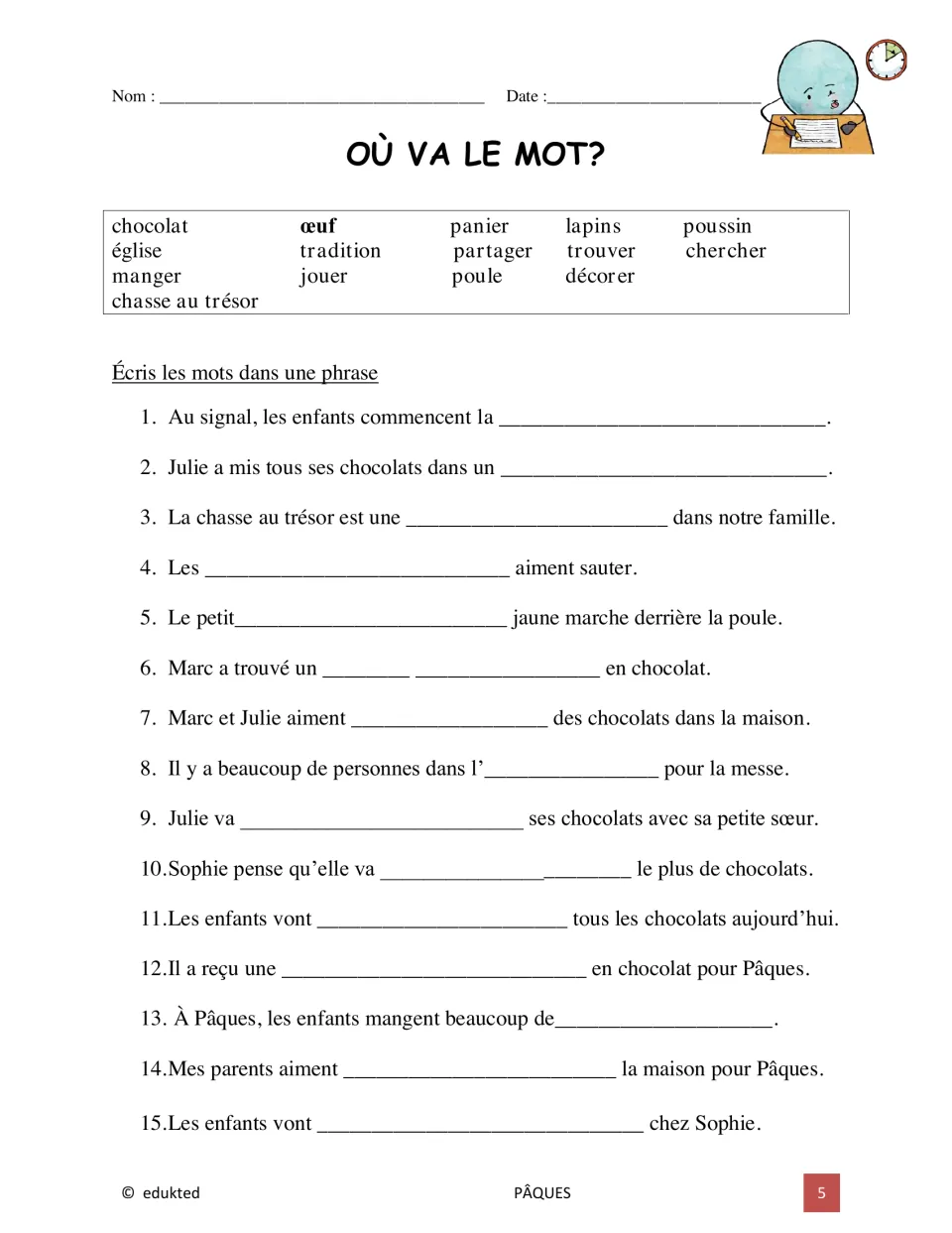 French Easter vocabulary practice: complete 15 sentences using words such as panier (basket) and lapins (rabbits)
