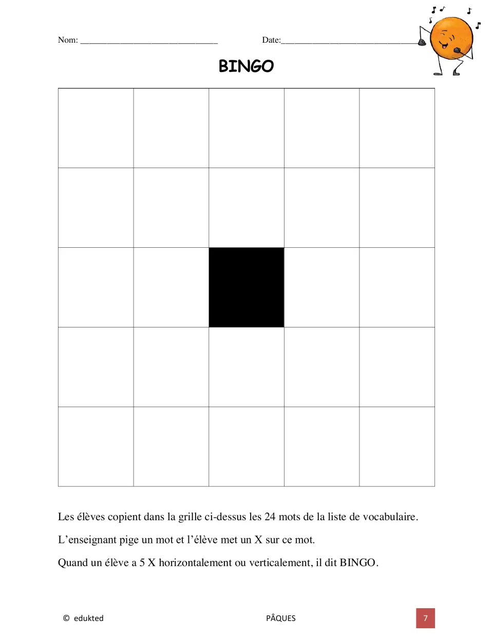 French Easter bingo activity using all 24 vocabulary words; students mark words as the teacher calls them