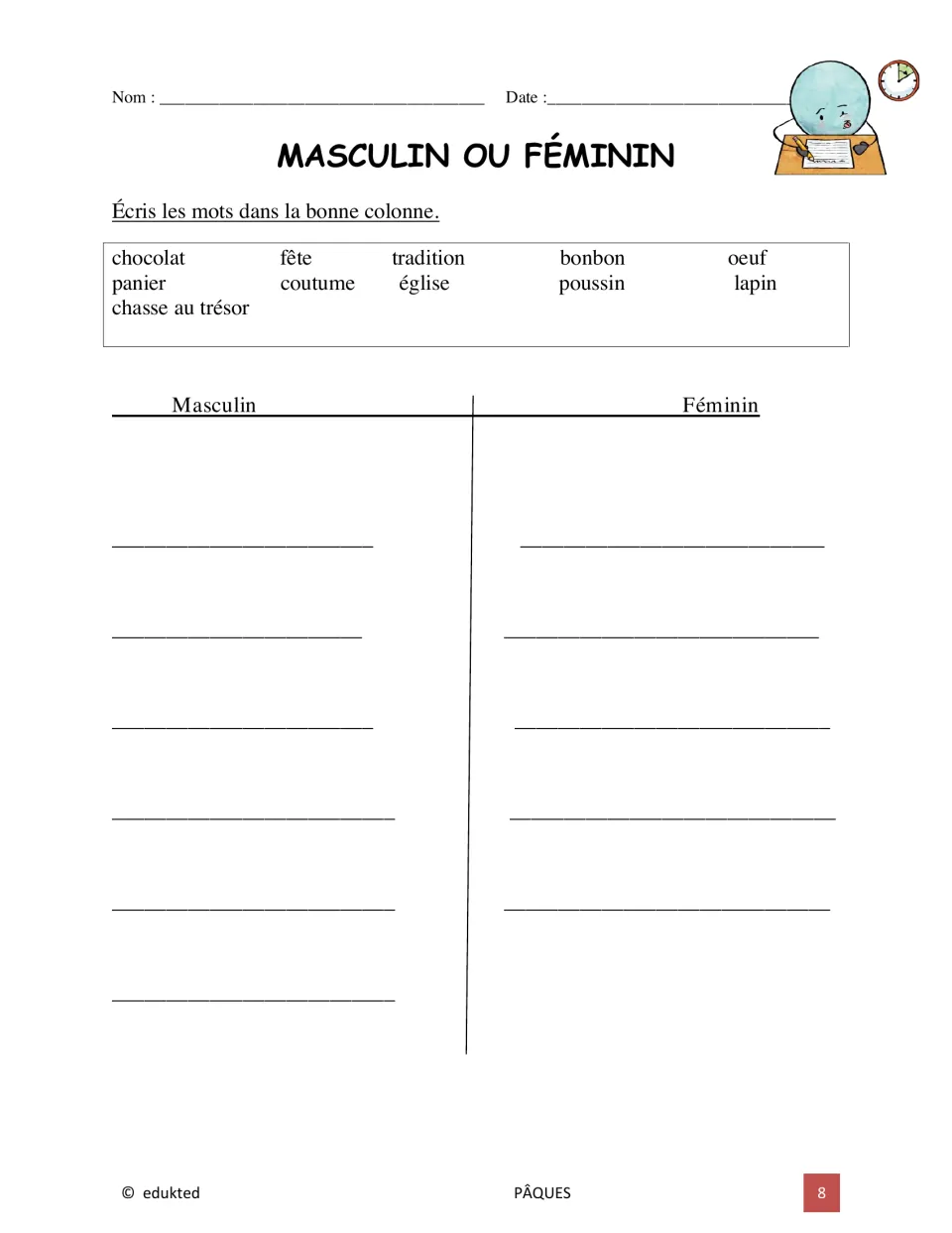 French Easter noun practice: sort 11 words by gender, including chocolat (chocolate) and fête (celebration)