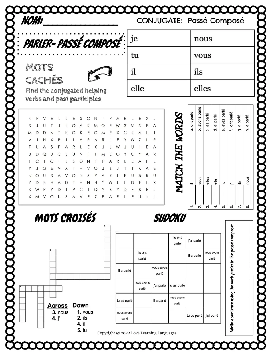 French parler (to speak) passé composé worksheet with conjugation, word puzzles, matching, Sudoku, and writing.