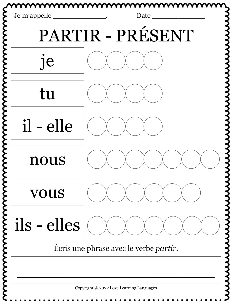 French verb partir in the present tense: students write each form letter by letter for je to ils-elles, then one sentence