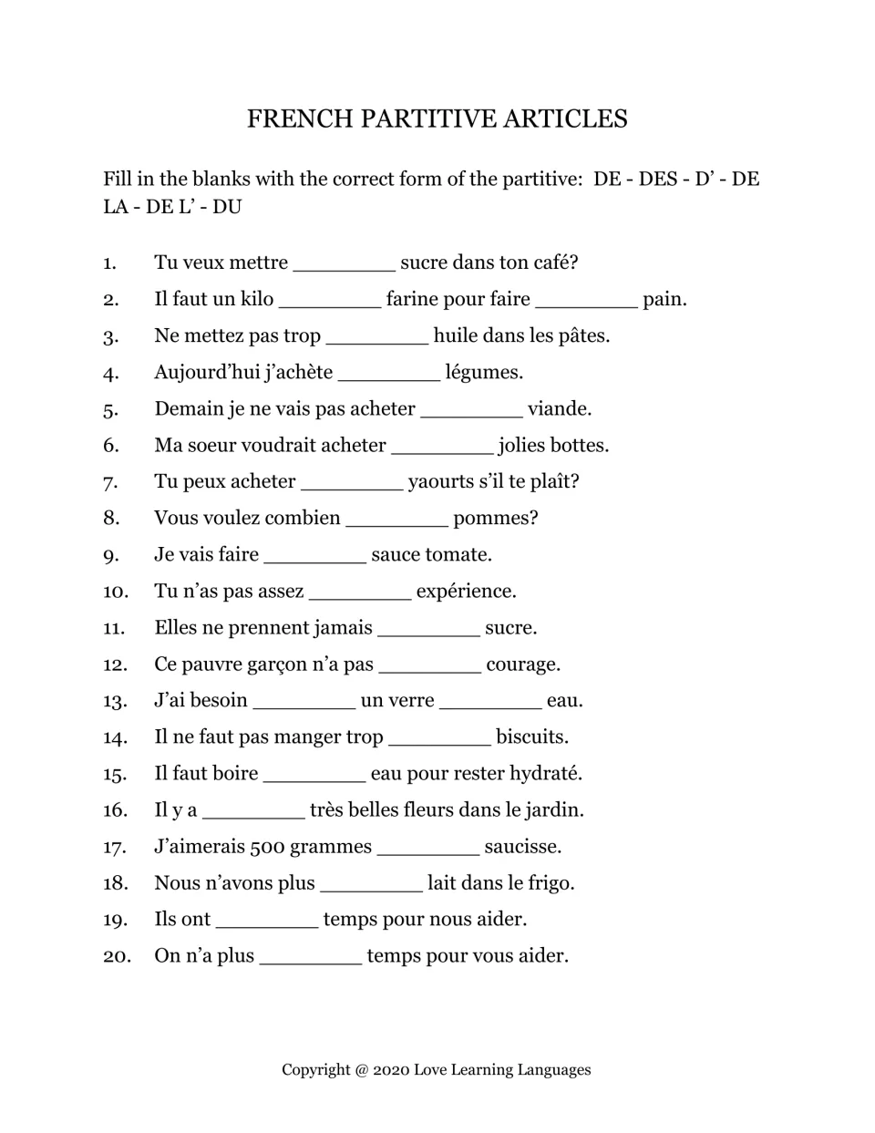 French partitive articles: students fill 20 sentence blanks with du, de la, de l', des, de or d' after quantity and negation