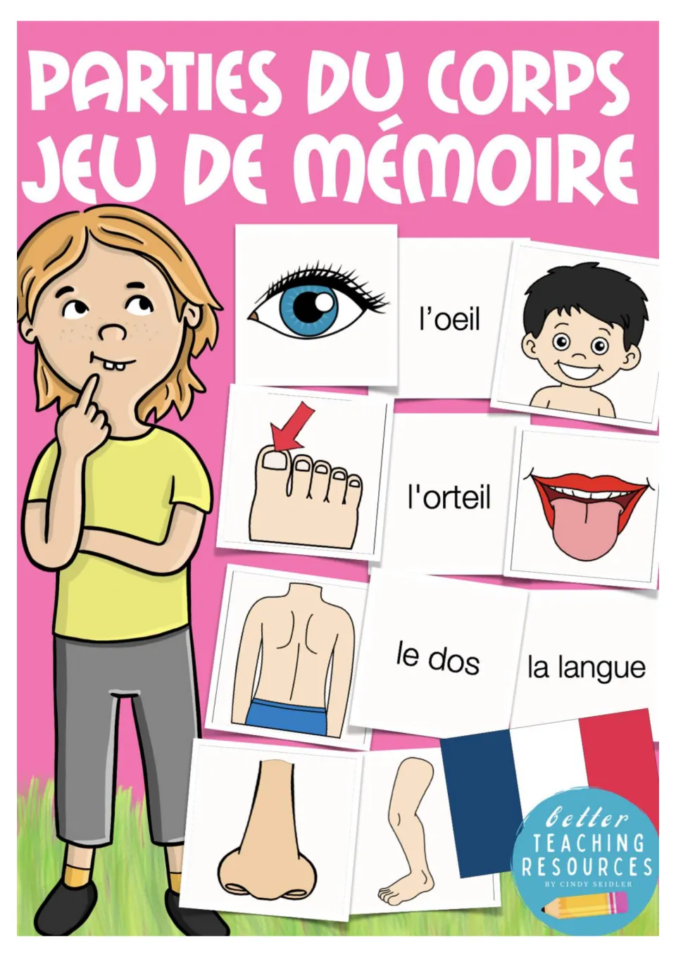 French body-parts memory game cover showing sample picture and word cards for the eye, toe, back, and tongue