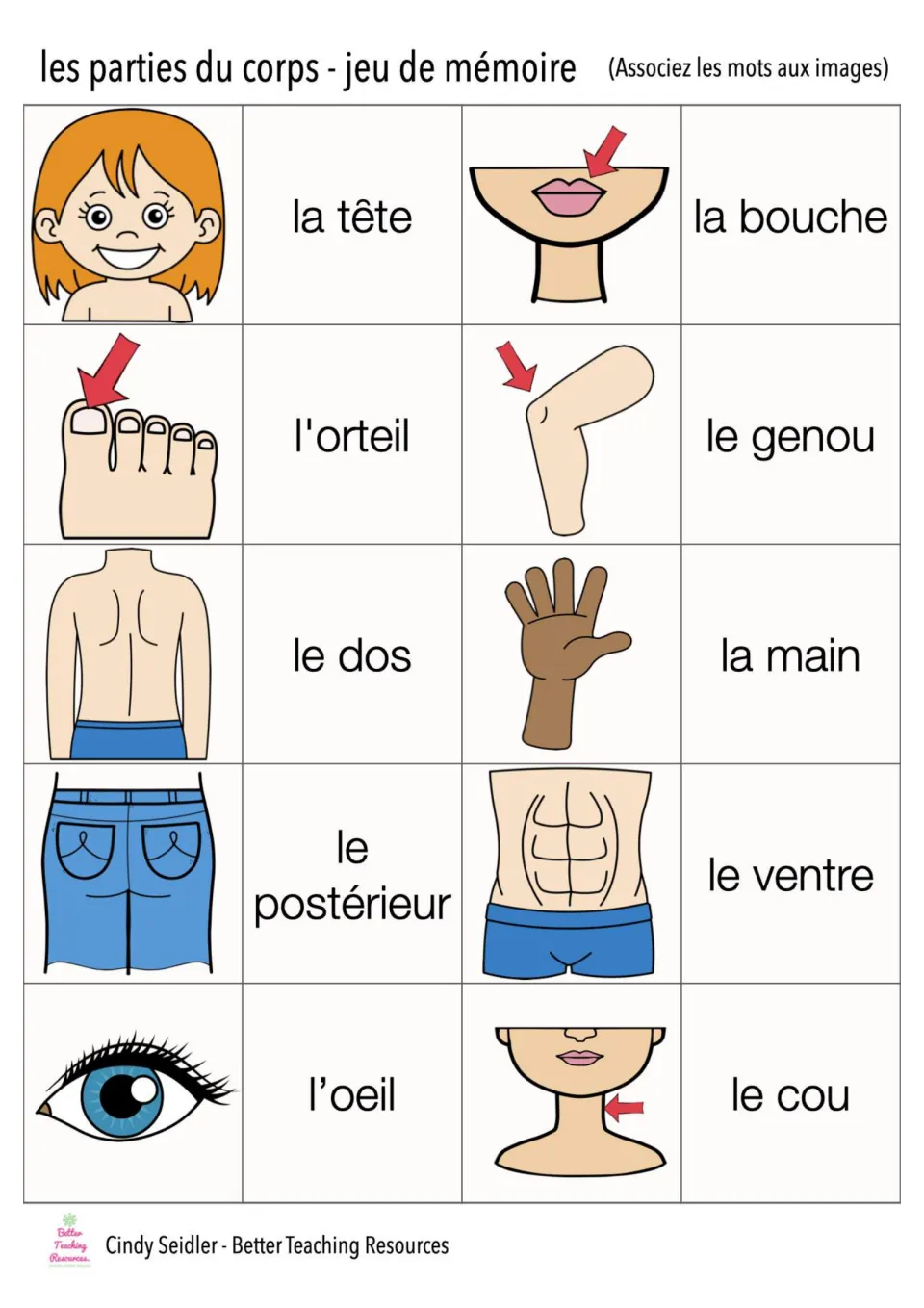 French memory card pairs 1–10: la tête (head), la bouche (mouth), l'orteil (toe), and seven more body parts
