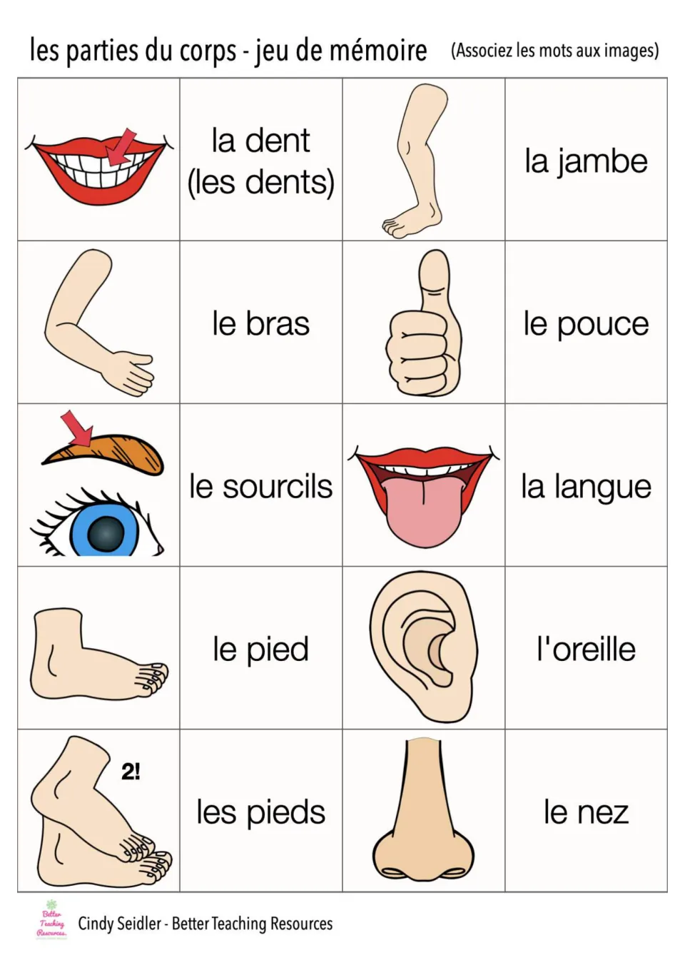 French memory card pairs 11–20: la dent (tooth), la jambe (leg), le bras (arm), and seven more body parts