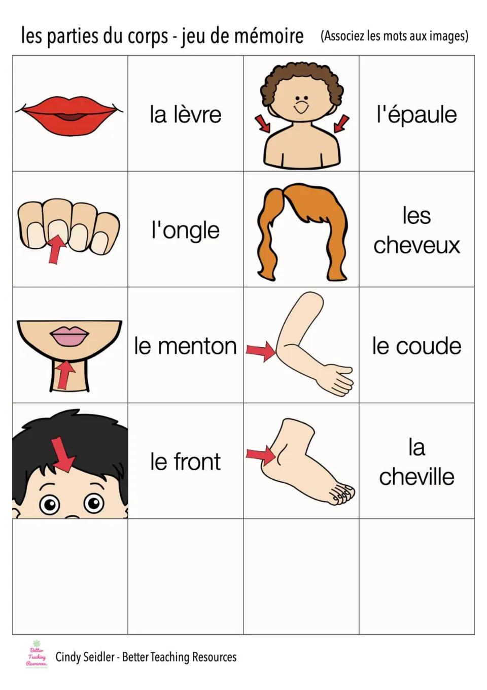 French memory card pairs 21–28: la lèvre (lip), l'épaule (shoulder), l'ongle (nail), and five more body parts