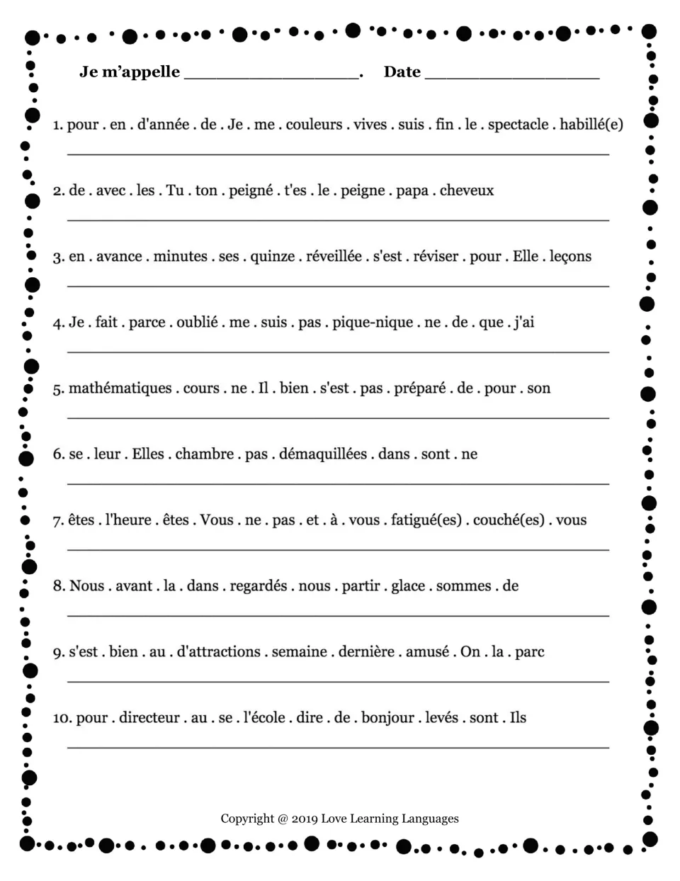 French passé composé practice: 10 scrambled reflexive-verb sentences about getting dressed, waking up and more.