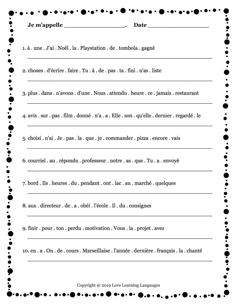 French passé composé with avoir practice: 10 scrambled sentences about a Christmas raffle, pizza, and more.