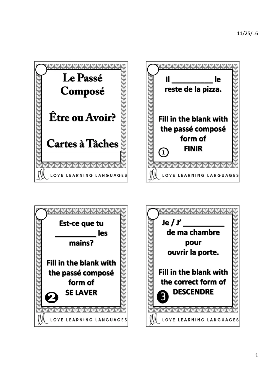 Title card and French passé composé tasks 1–3: finir (finish), se laver (wash oneself), descendre (go down)