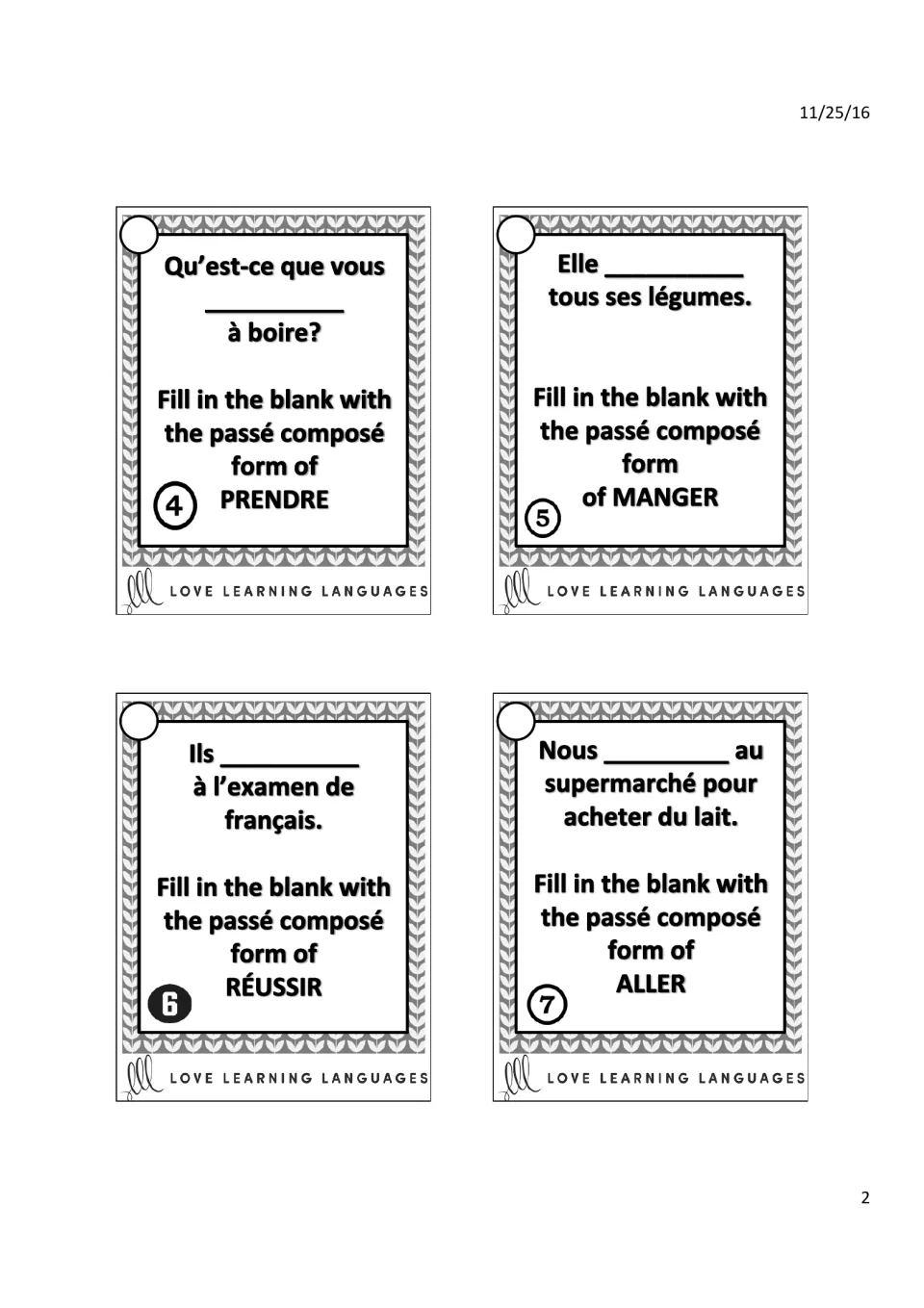 French passé composé tasks 4–7: prendre (take), manger (eat), réussir (succeed), and aller (go)