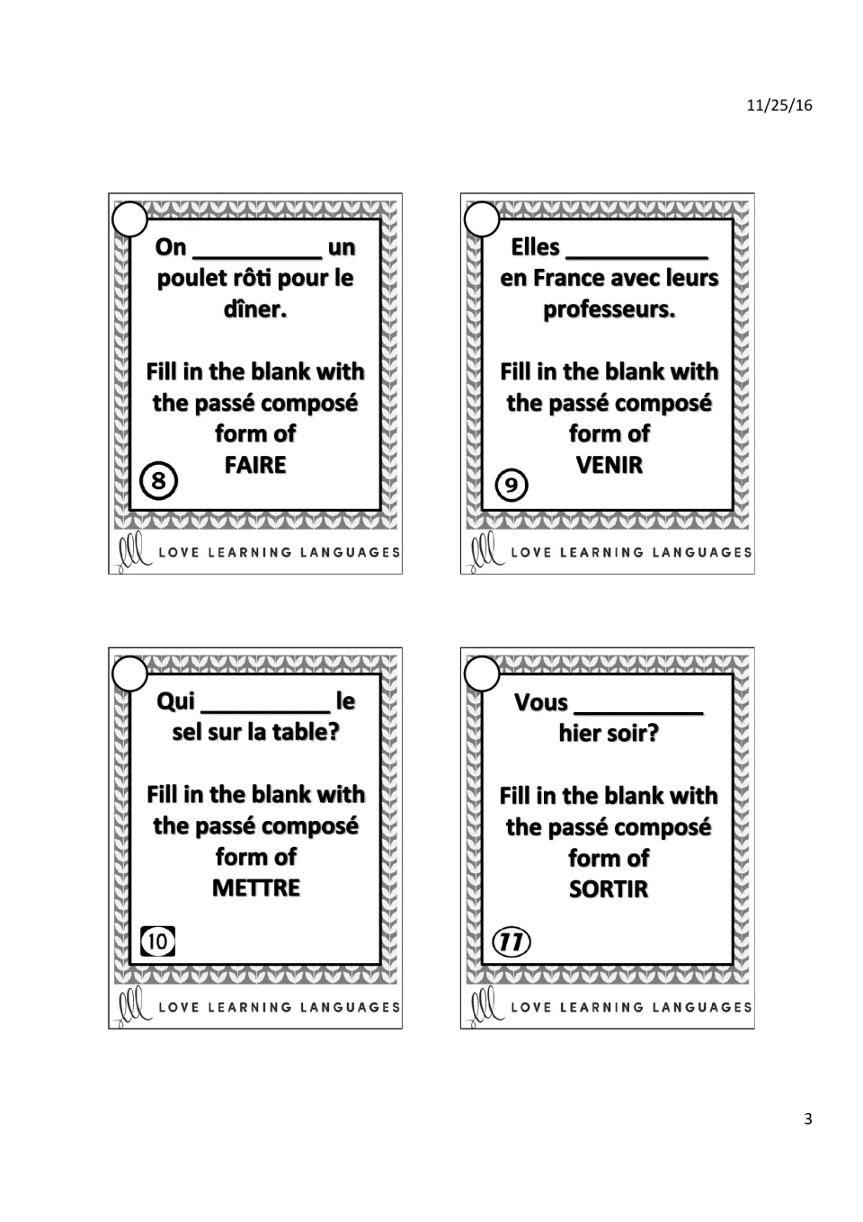 French passé composé tasks 8–11: faire (make), venir (come), mettre (put), and sortir (go out)