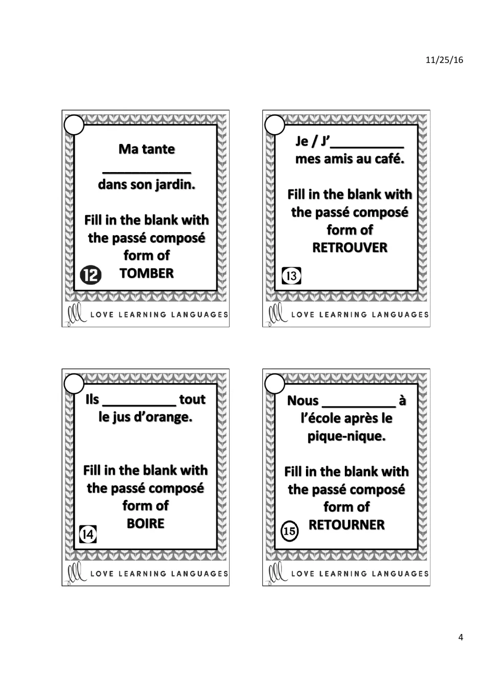 French passé composé tasks 12–15: tomber (fall), retrouver (meet), boire (drink), retourner (return)