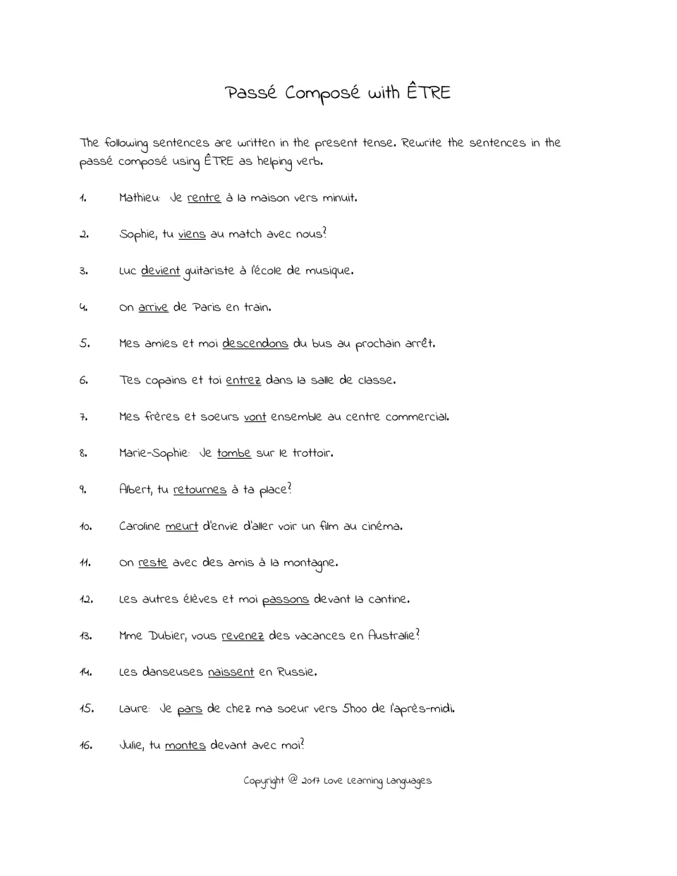 French grammar practice: rewrite 16 present-tense sentences in the passé composé using être (to be).