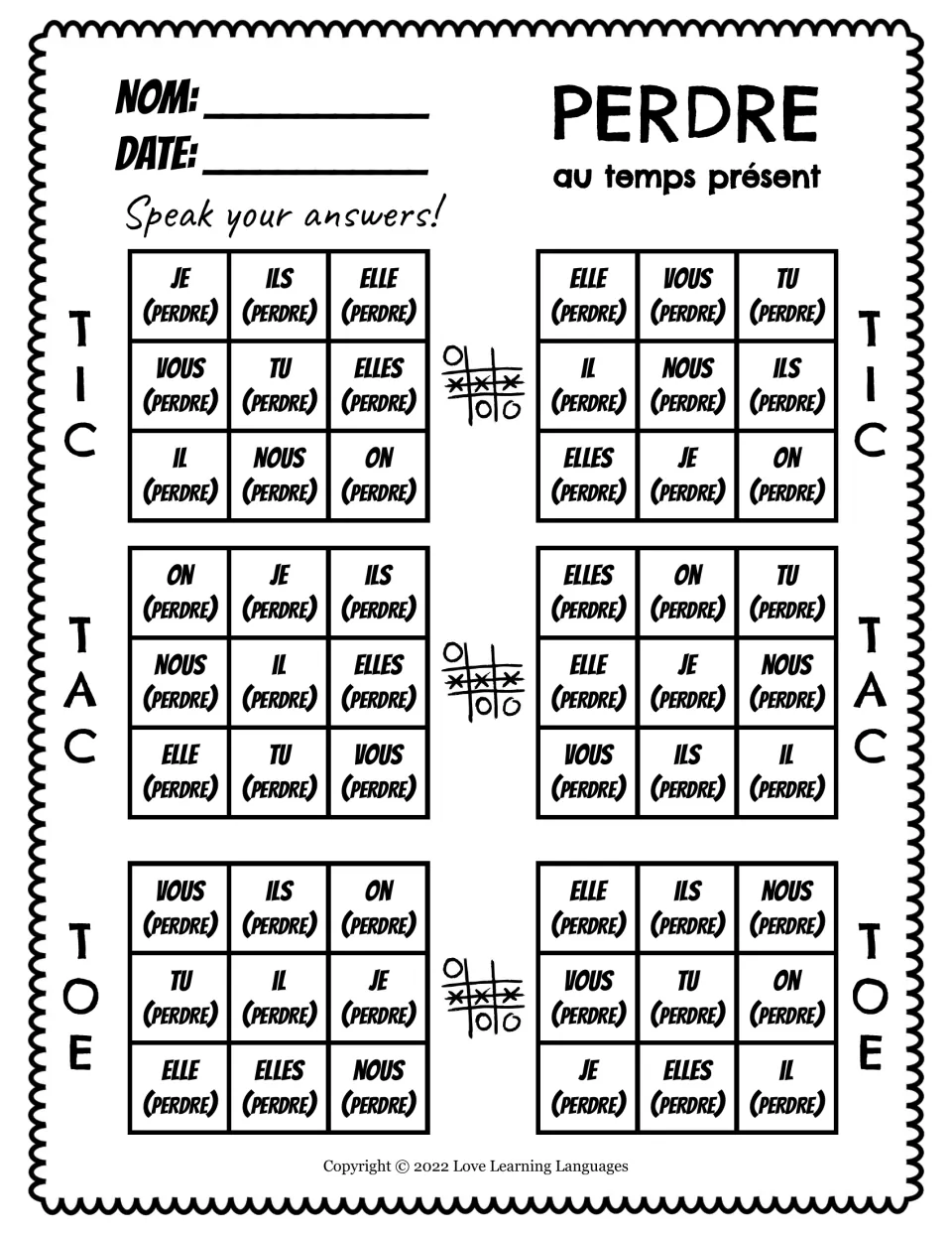 Speaking practice for six tic-tac-toe games: conjugate perdre (to lose) in the present tense for je, tu and more.