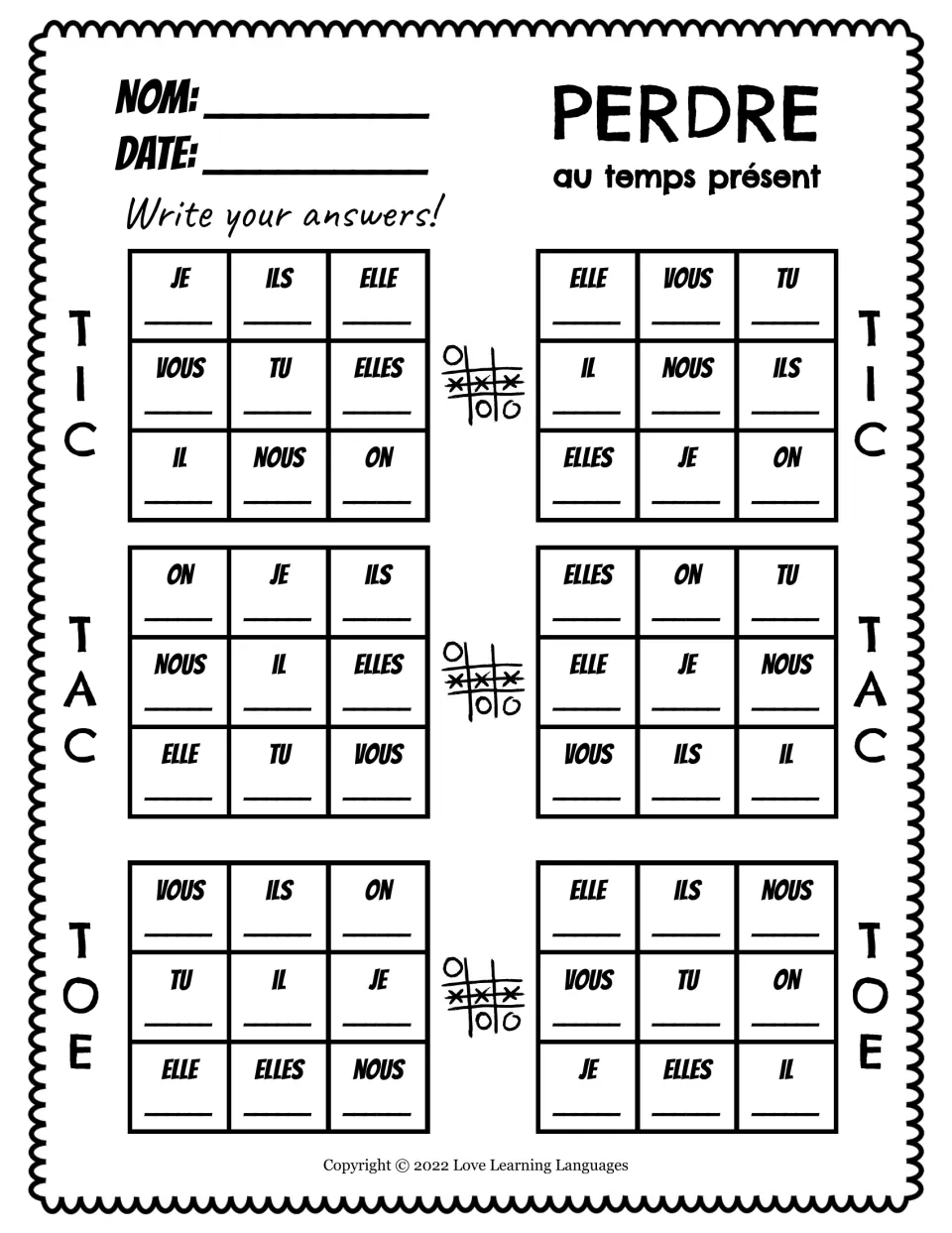 Written practice for six tic-tac-toe games: fill in present-tense forms of perdre (to lose) for French pronouns.