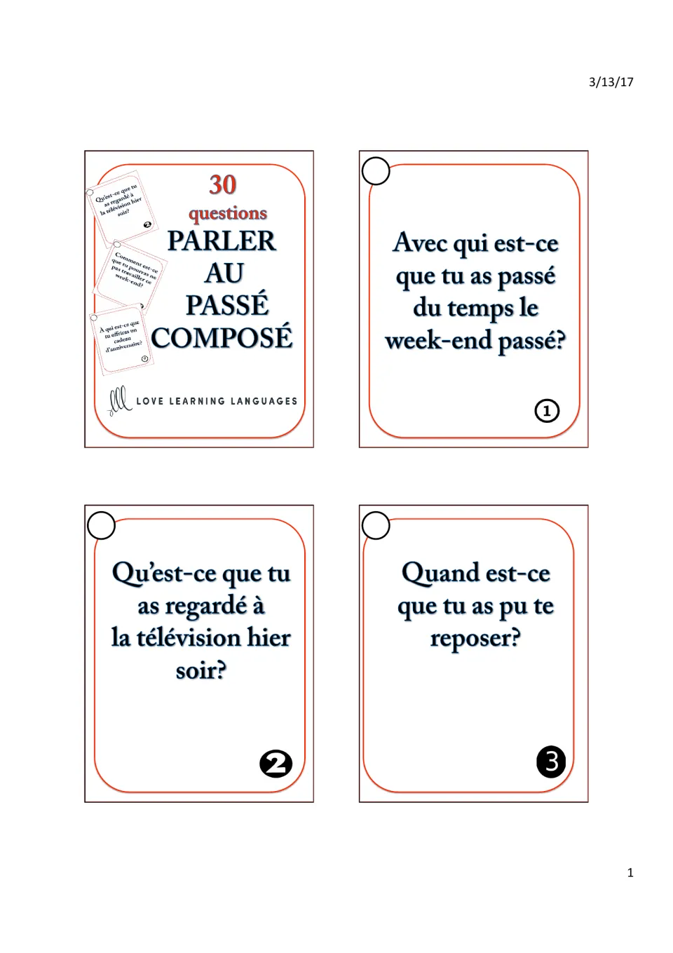 Title card 'Parler au passé composé' with speaking cards 1–3, like 'Quand est-ce que tu as pu te reposer?'