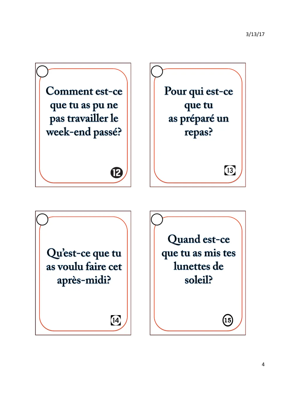 Question cards 12–15: 'Pour qui est-ce que tu as préparé un repas?' plus three on work, plans and sunglasses