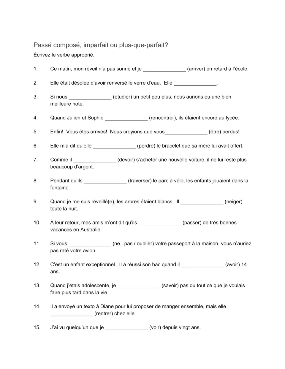 French tense practice, items 1–15: complete sentences using passé composé, imparfait, or plus-que-parfait.