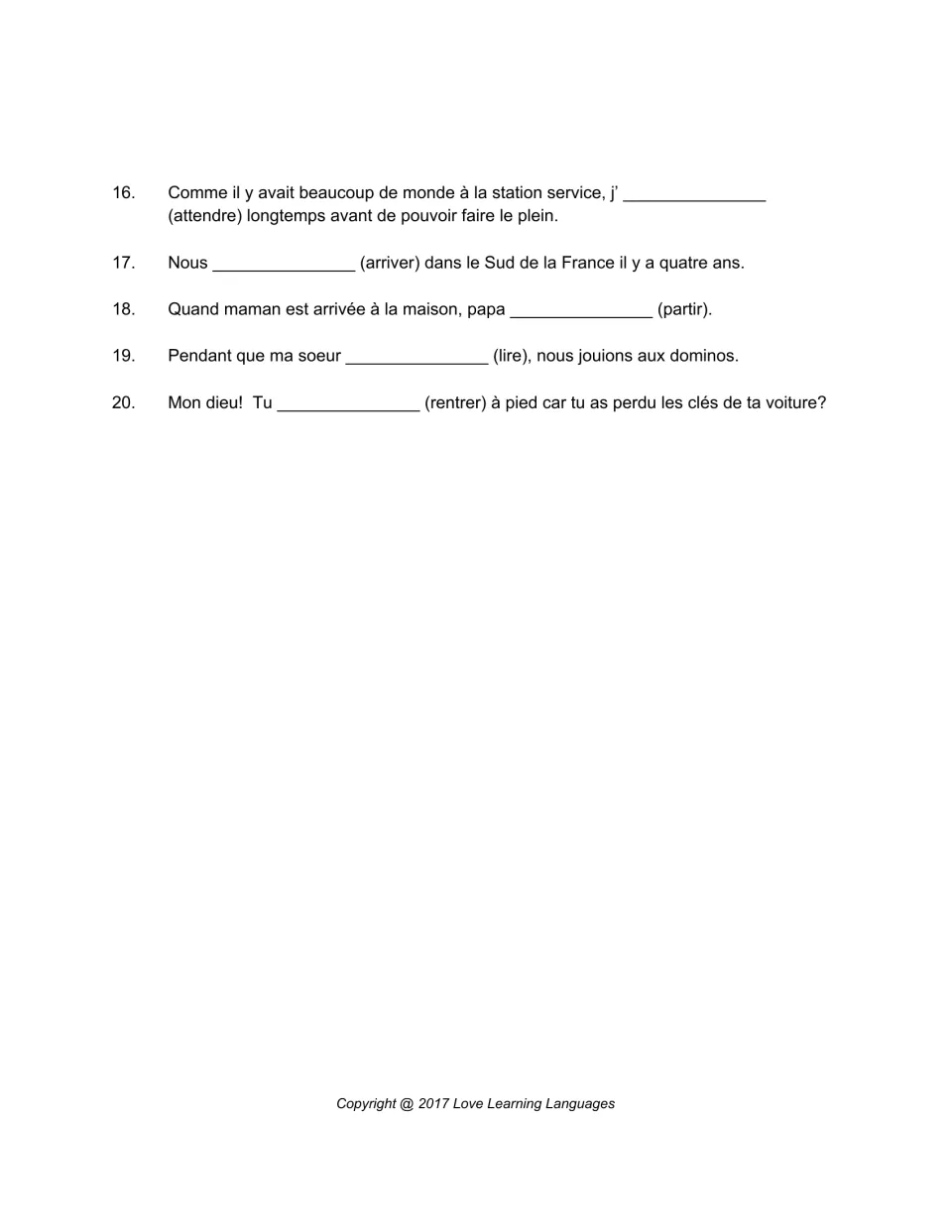 French tense practice, items 16–20: complete sentences about waiting, arriving, leaving, reading, and returning.