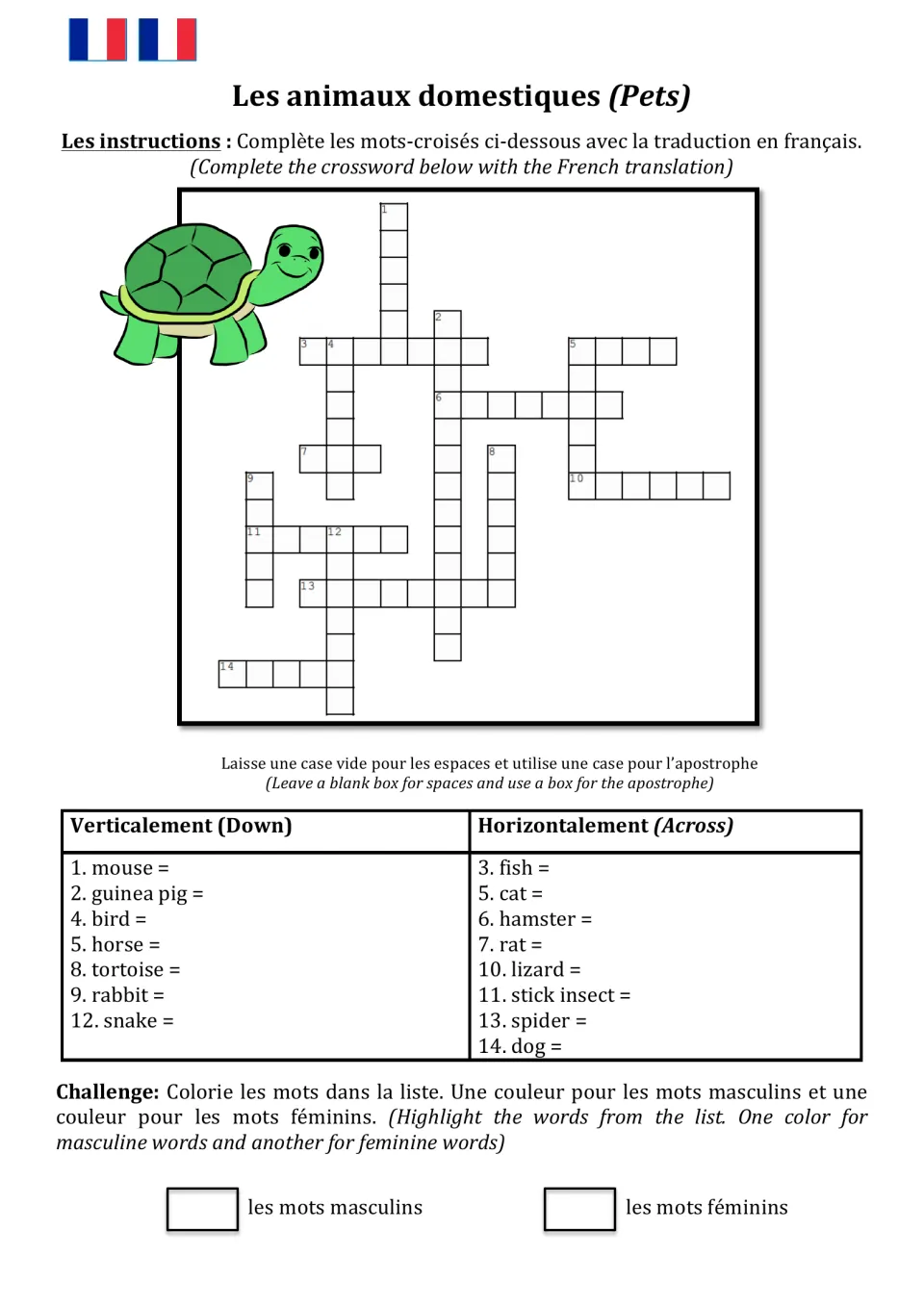 French pets crossword: students translate 14 English pet names like mouse, cat and dog, then color-code words by gender