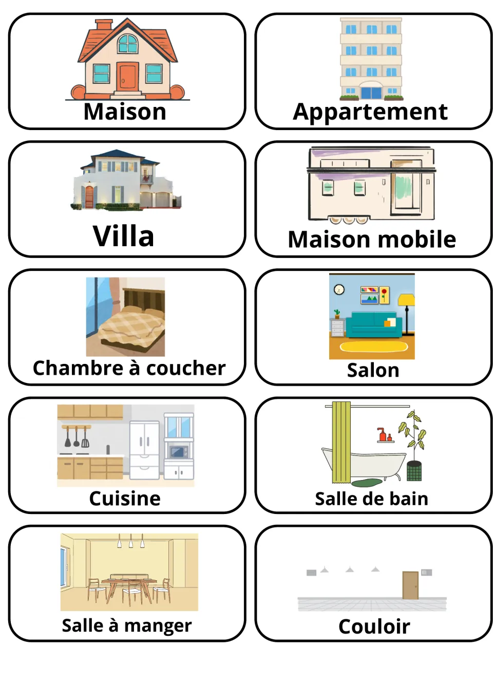 French flashcards 1–10: maison (house), appartement (apartment), villa and seven more home and room words