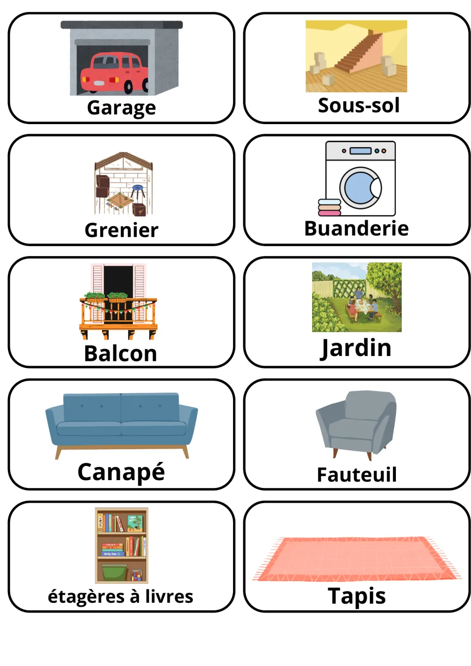 French flashcards 11–20: garage, sous-sol (basement), grenier (attic) and seven more home vocabulary words