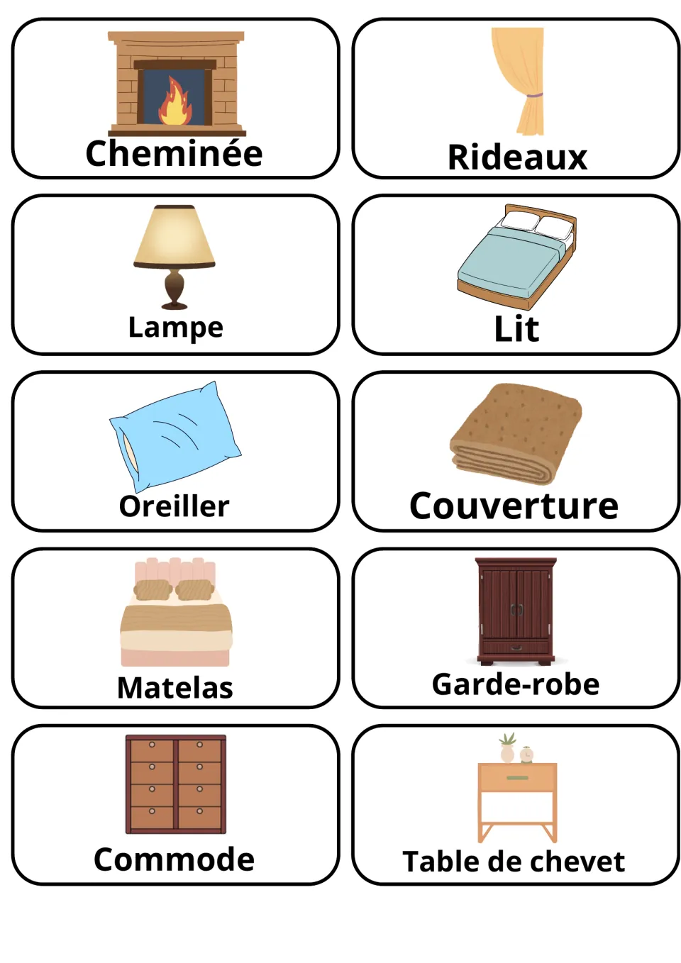 French flashcards 21–30: cheminée (fireplace), rideaux (curtains), lampe (lamp) and seven more furnishing words