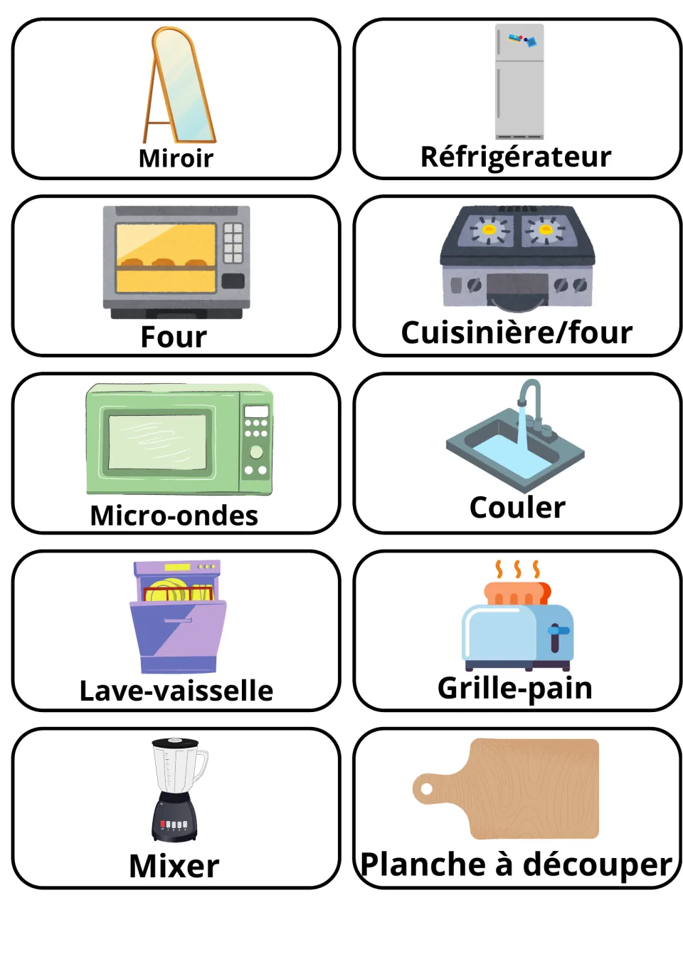 French flashcards 31–40: miroir (mirror), réfrigérateur (refrigerator), four (oven) and seven more household words