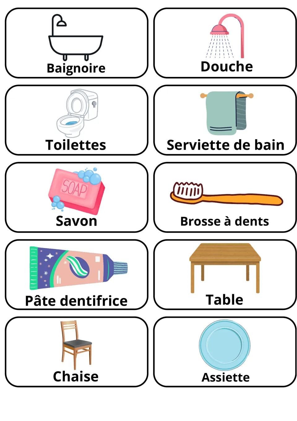 French flashcards 41–50: baignoire (bathtub), douche (shower), savon (soap) and seven more household words