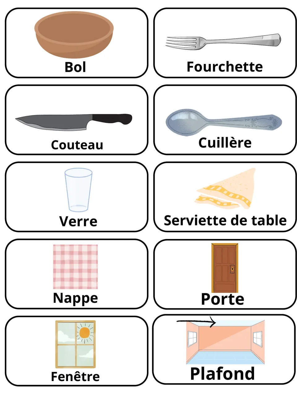 French flashcards 51–60: bol (bowl), fourchette (fork), couteau (knife) and seven more dining and home words