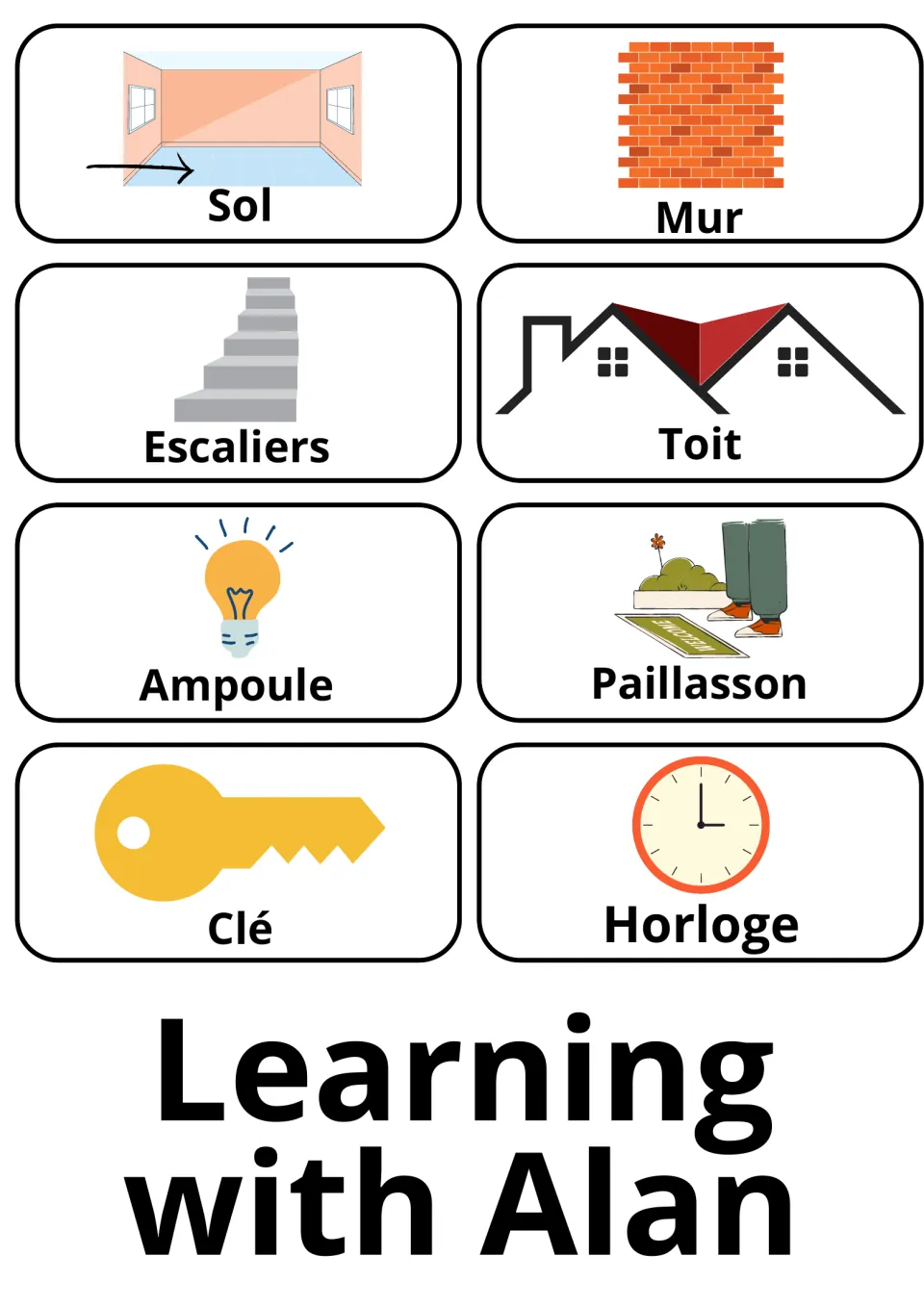 French flashcards 61–68: sol (floor), mur (wall), escaliers (stairs), toit (roof) and four more home words